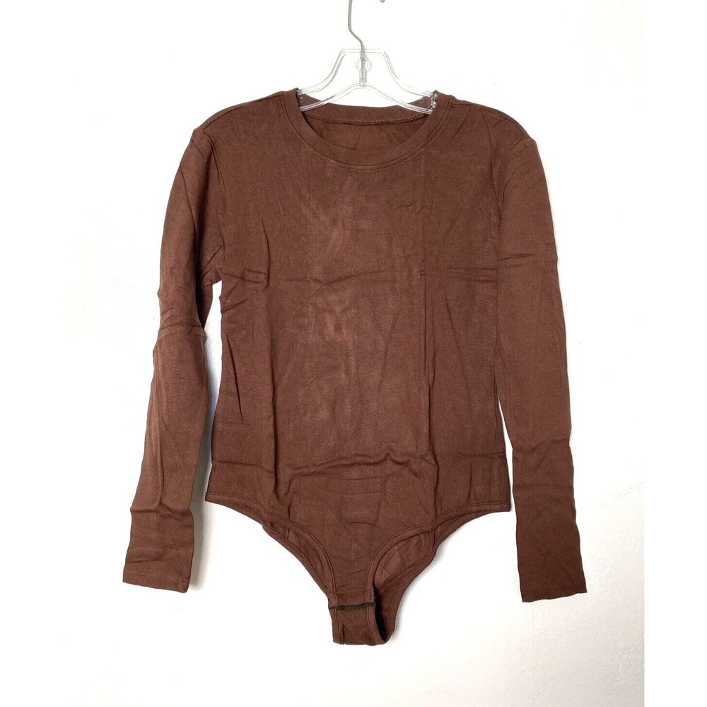 Women's Fleece Bodysuit Size L Brown Long Sleeve Jumpsuit Snaps Night Out Casual